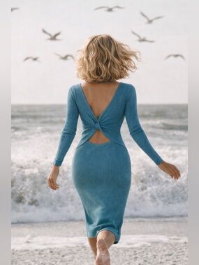 Freshman 1996 Teal Ribbed Knit Midi Dress Open Back Twist Long Sleeve Bodycon M